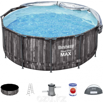 Каркасный бассейн BESTWAY STEEL PRO MAX 366х122см, 10250л, с навесом, фил.-насос 2006л/ч, лестница, тент Каркасный бассейн BESTWAY STEEL PRO MAX 366х122см, 10250л, с навесом, фил.-насос 2006л/ч, лестница, тент